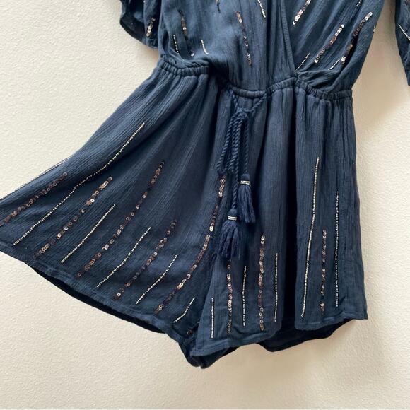 Abercrombie + Fitch Navy Blue Beaded Sequin Short Sleeve Romper, Women's Size XS - Picture 6 of 8